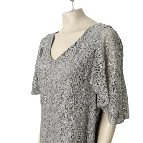 MARINA Silver Sequins & Lace Formal Maxi DressWeddingSZ 18W